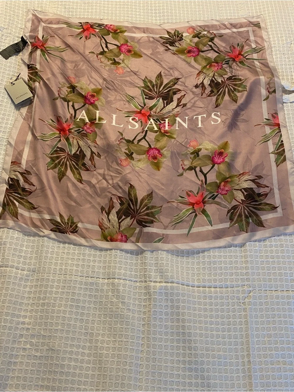 NWT AllSaints Adena Pink Square Blush 100% Silk Floral Scarf 30x30 inç